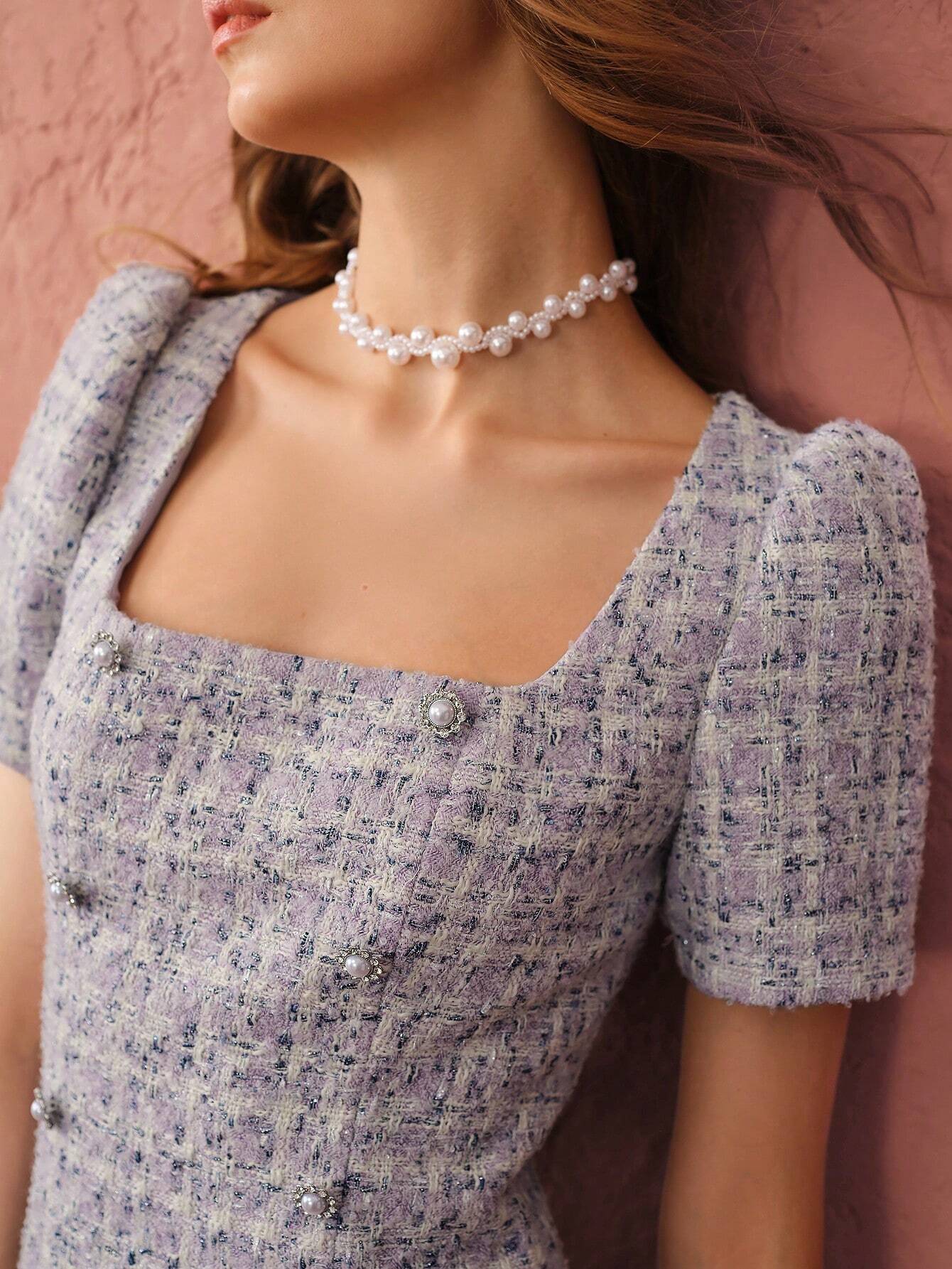 Enchnt Pearl Button Tweed Mini Dress