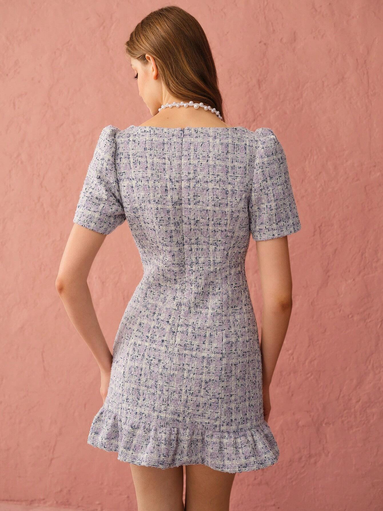 Enchnt Pearl Button Tweed Mini Dress