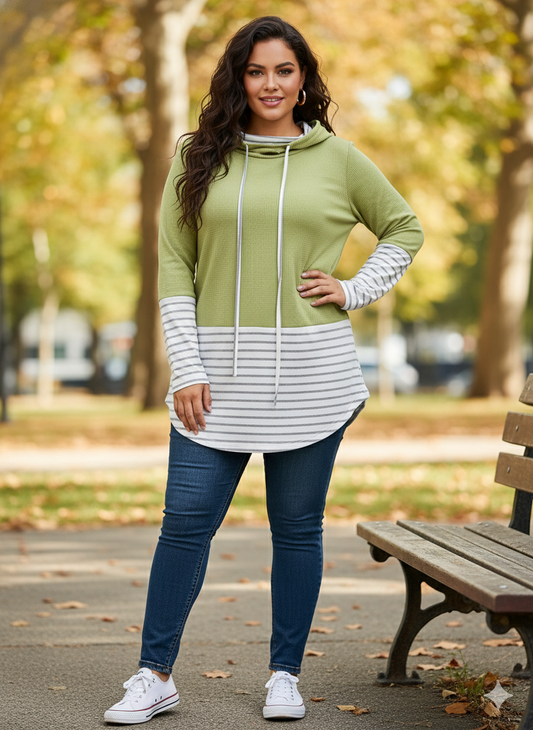 Striped Curved Hem Cowl Neck Sweatshirt