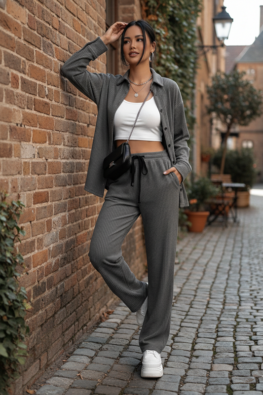 SHEIN EZwear Drop Shoulder Shirt & Drawstring Waist Pants Set