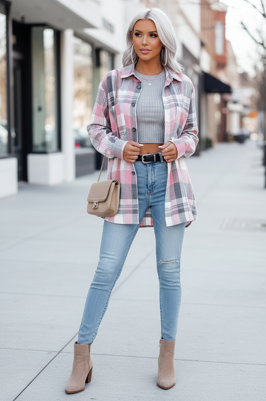 Plaid Longline Casual Shacket – Pink & Gray