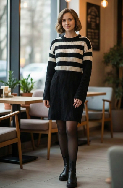 SHEIN LUNE Striped Rib-Knit Sweater Dress