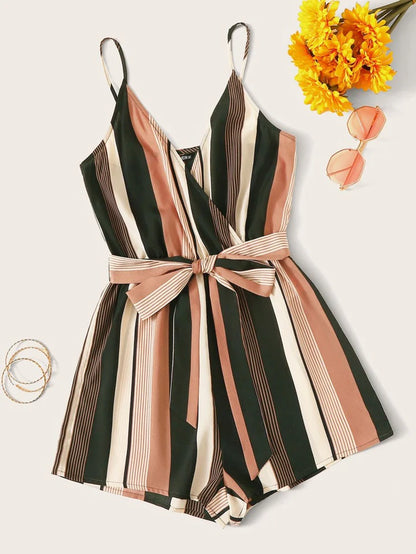 SHEIN Multi Stripe Self Belt Romper