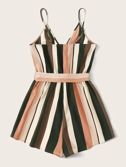 SHEIN Multi Stripe Self Belt Romper