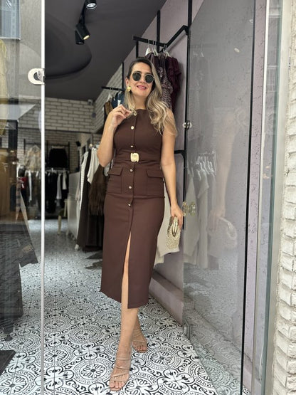 THE CHOCOLATE SIGNATURE BELTED MIDI DRESS