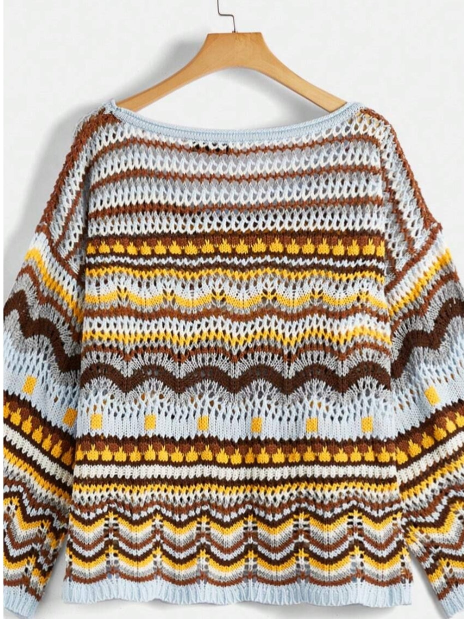 a.SHEIN EZwear Plus Striped Pattern Pointelle Knit Drop  Shoulder Sweater - ZEBrand