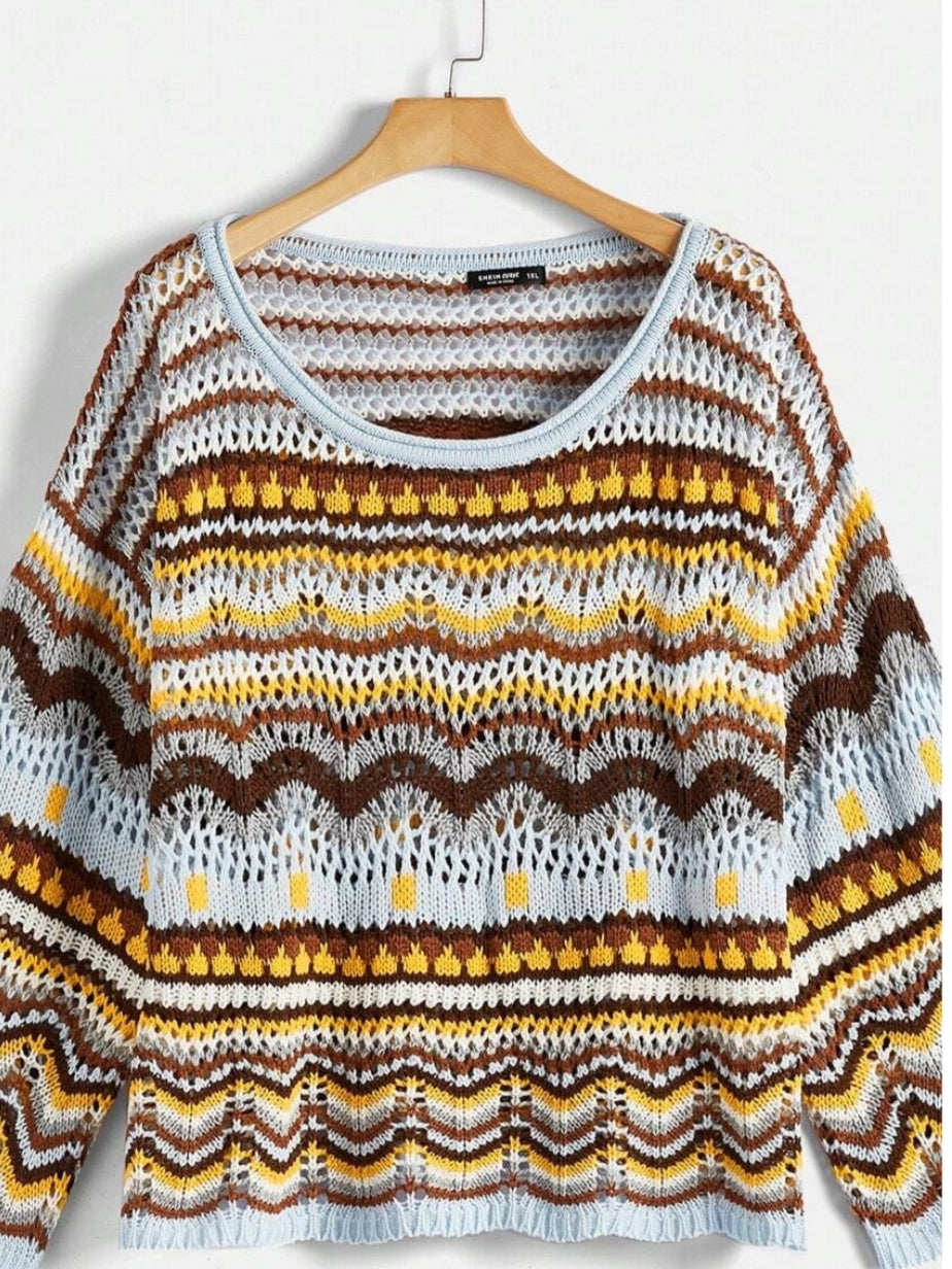 a.SHEIN EZwear Plus Striped Pattern Pointelle Knit Drop  Shoulder Sweater - ZEBrand