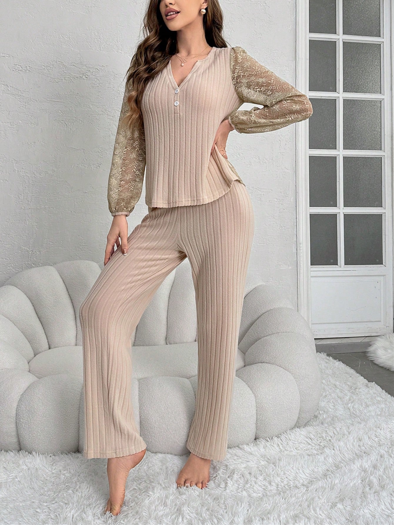 SHEIN Lace Splicing Sleepwear Set