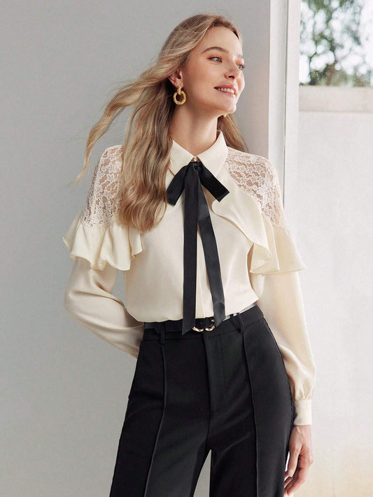 MOTF Premium Contrast Tie Neck Lace Ruffle Shirt