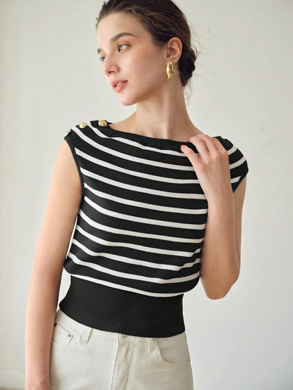 SHEIN MOTF Premium Striped Boat Neck Knit Top