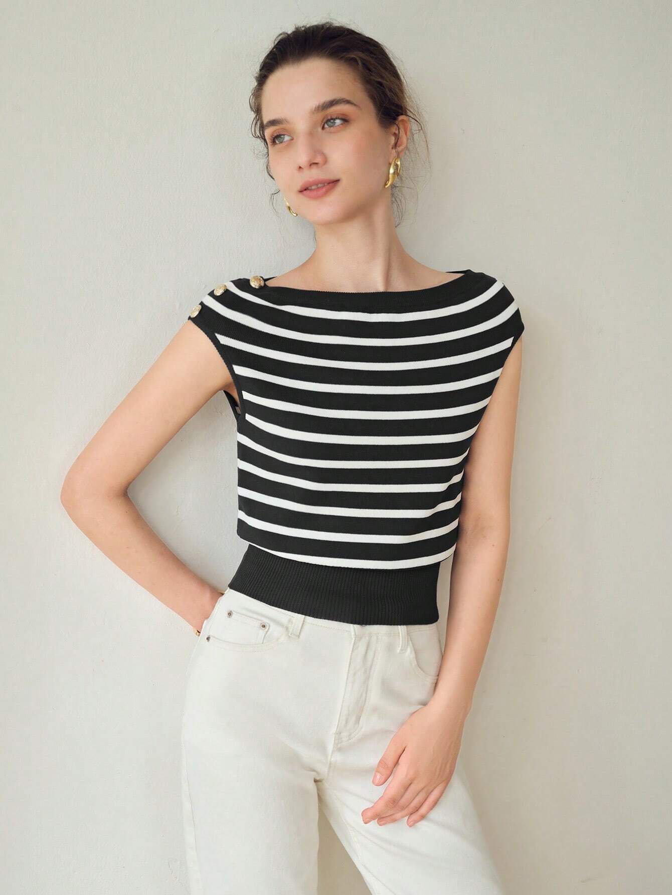 SHEIN MOTF Premium Striped Boat Neck Knit Top