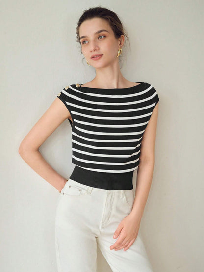 SHEIN MOTF Premium Striped Boat Neck Knit Top