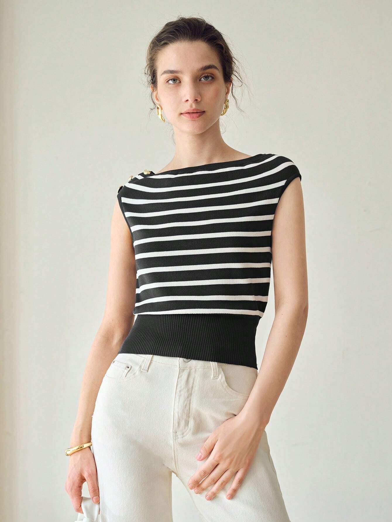 SHEIN MOTF Premium Striped Boat Neck Knit Top