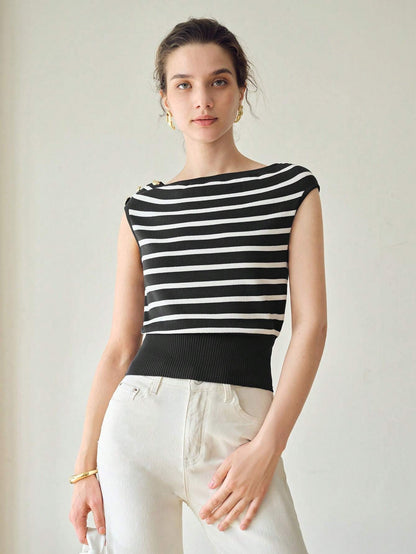 SHEIN MOTF Premium Striped Boat Neck Knit Top