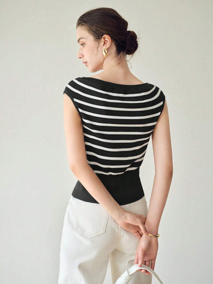SHEIN MOTF Premium Striped Boat Neck Knit Top