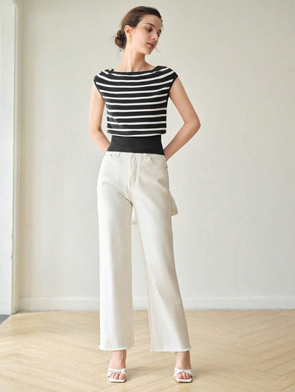 SHEIN MOTF Premium Striped Boat Neck Knit Top