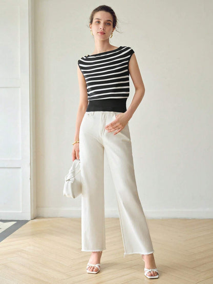 SHEIN MOTF Premium Striped Boat Neck Knit Top