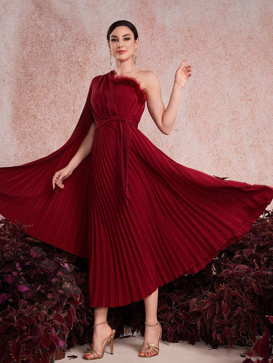 Modelyn Burgundy One-Shoulder Pleated Dress