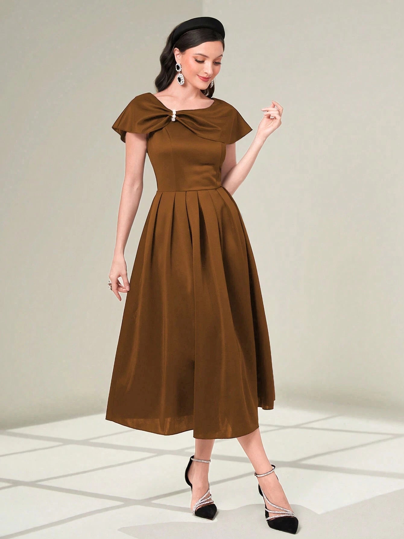 Modelyn Elegant Plain Brown Plicated Dress