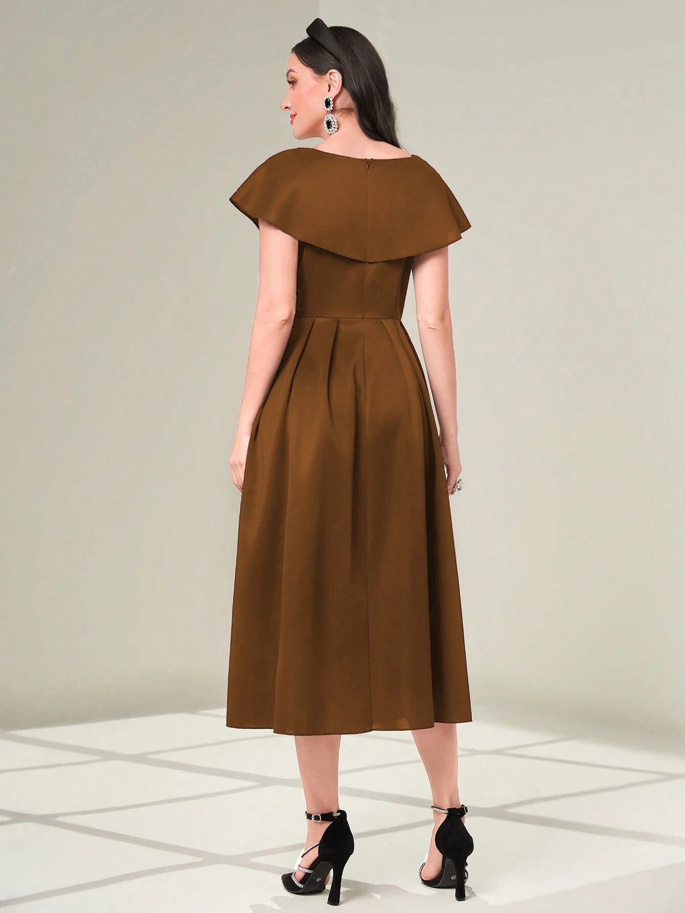 Modelyn Elegant Plain Brown Plicated Dress