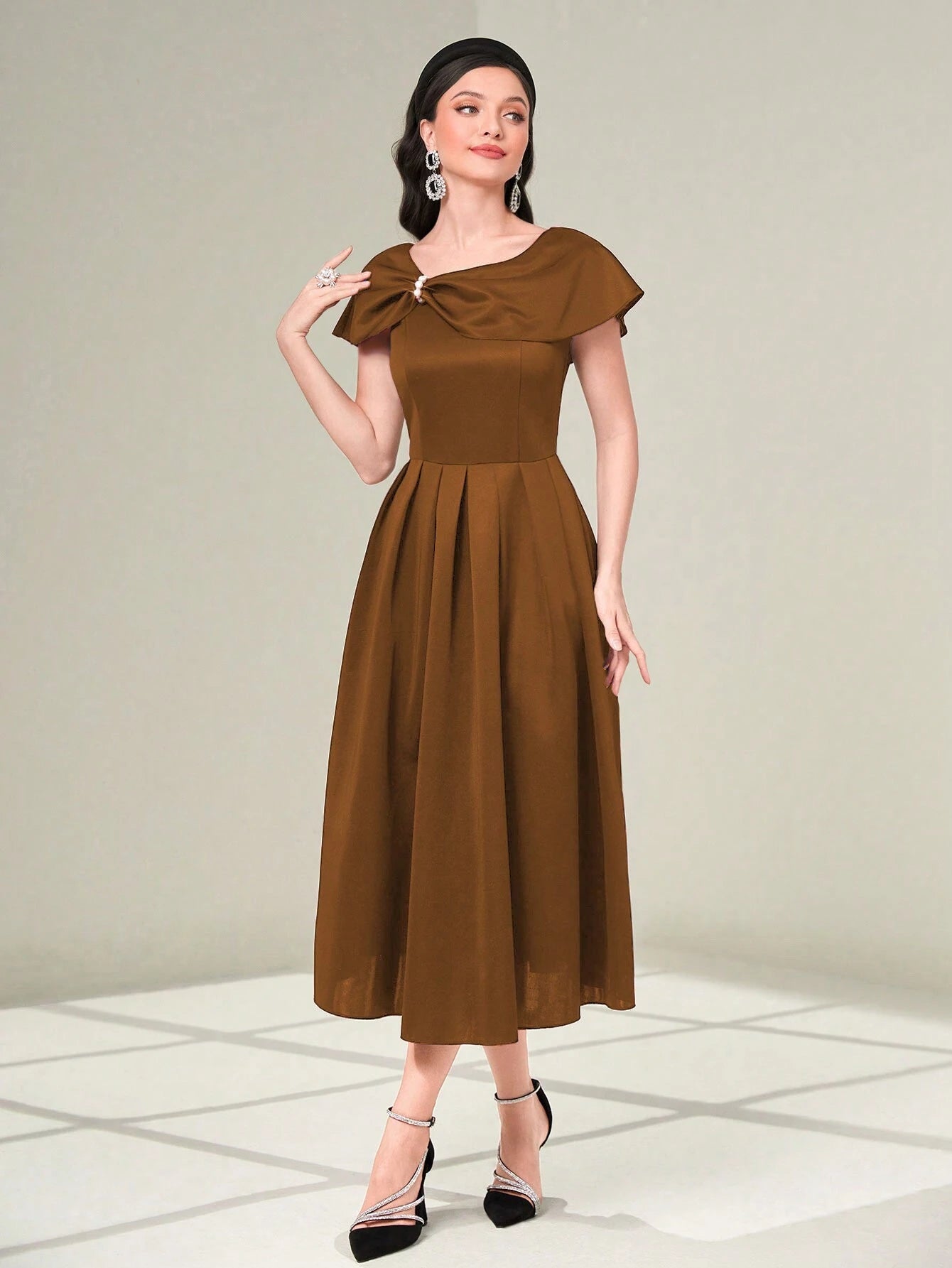 Modelyn Elegant Plain Brown Plicated Dress