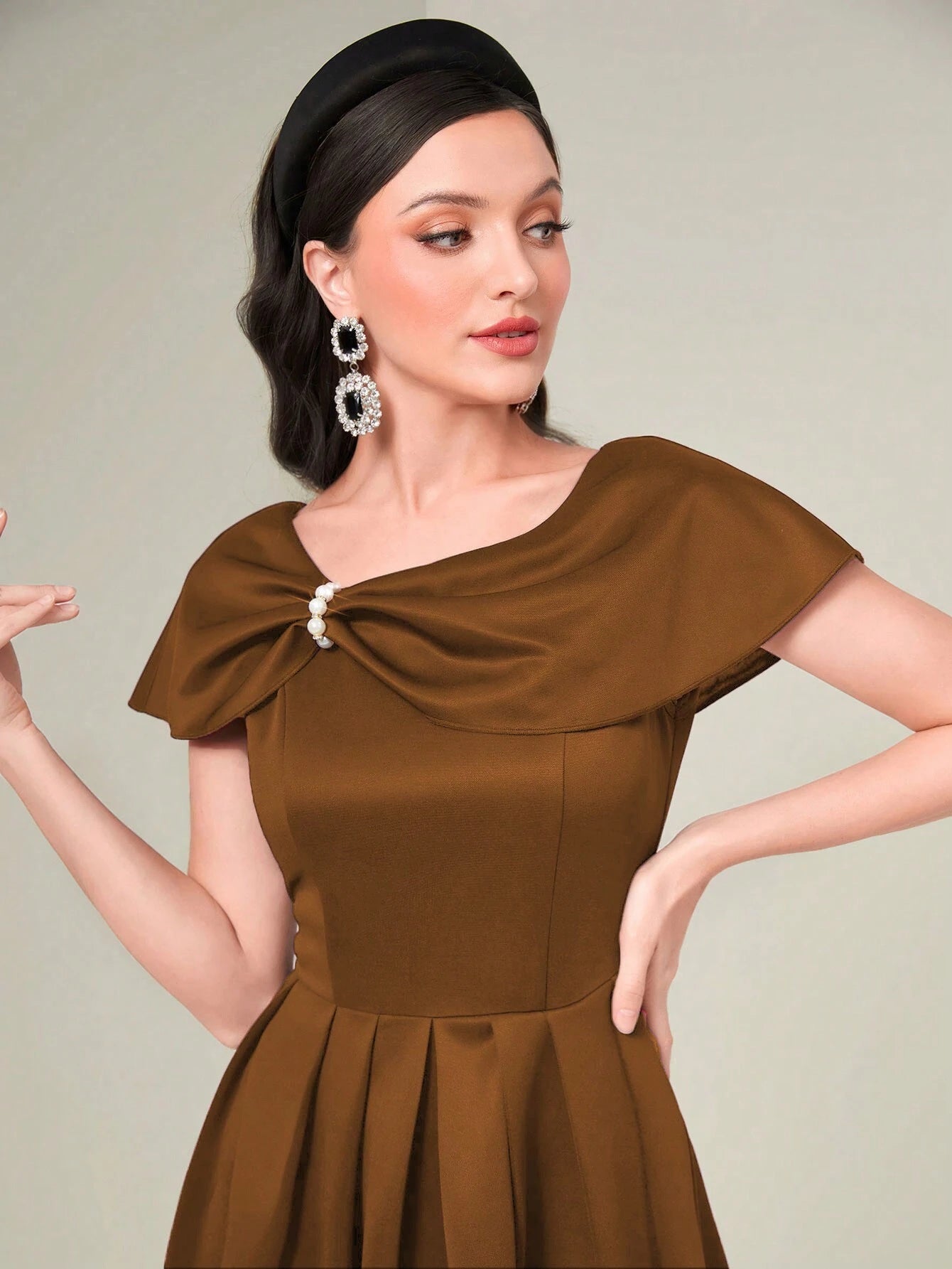 Modelyn Elegant Plain Brown Plicated Dress