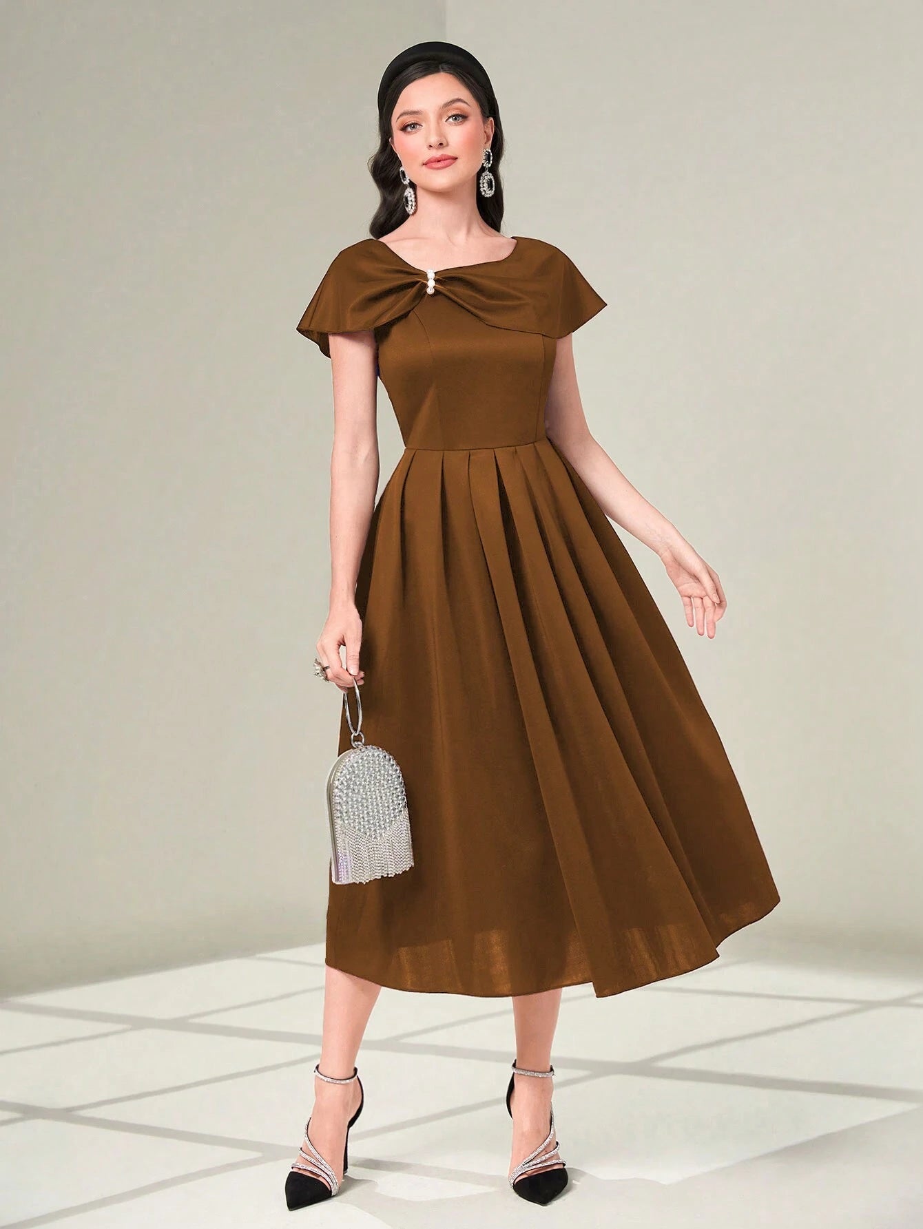 Modelyn Elegant Plain Brown Plicated Dress