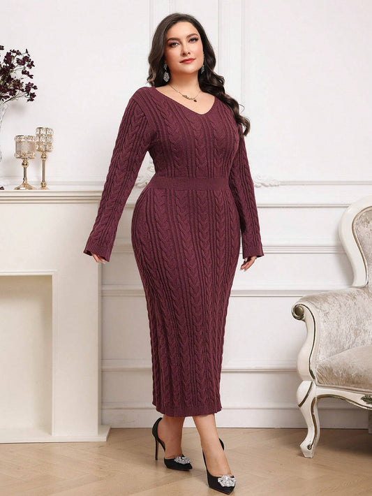 Modelyn V-Neck Waist Fitted Knit Sweater Dress