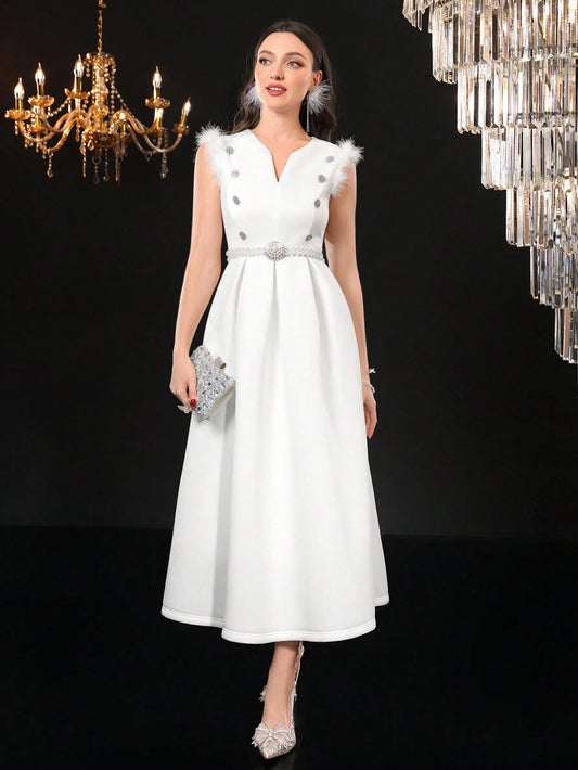 Modelyn – Furry Patchwork Button Detail Sleeveless Dress