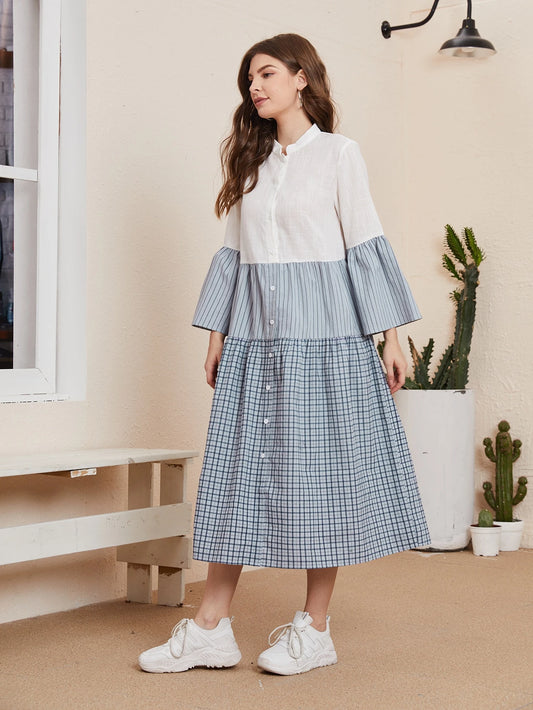SHEIN Mulvari Flounce Sleeve Striped Colorblock Dress
