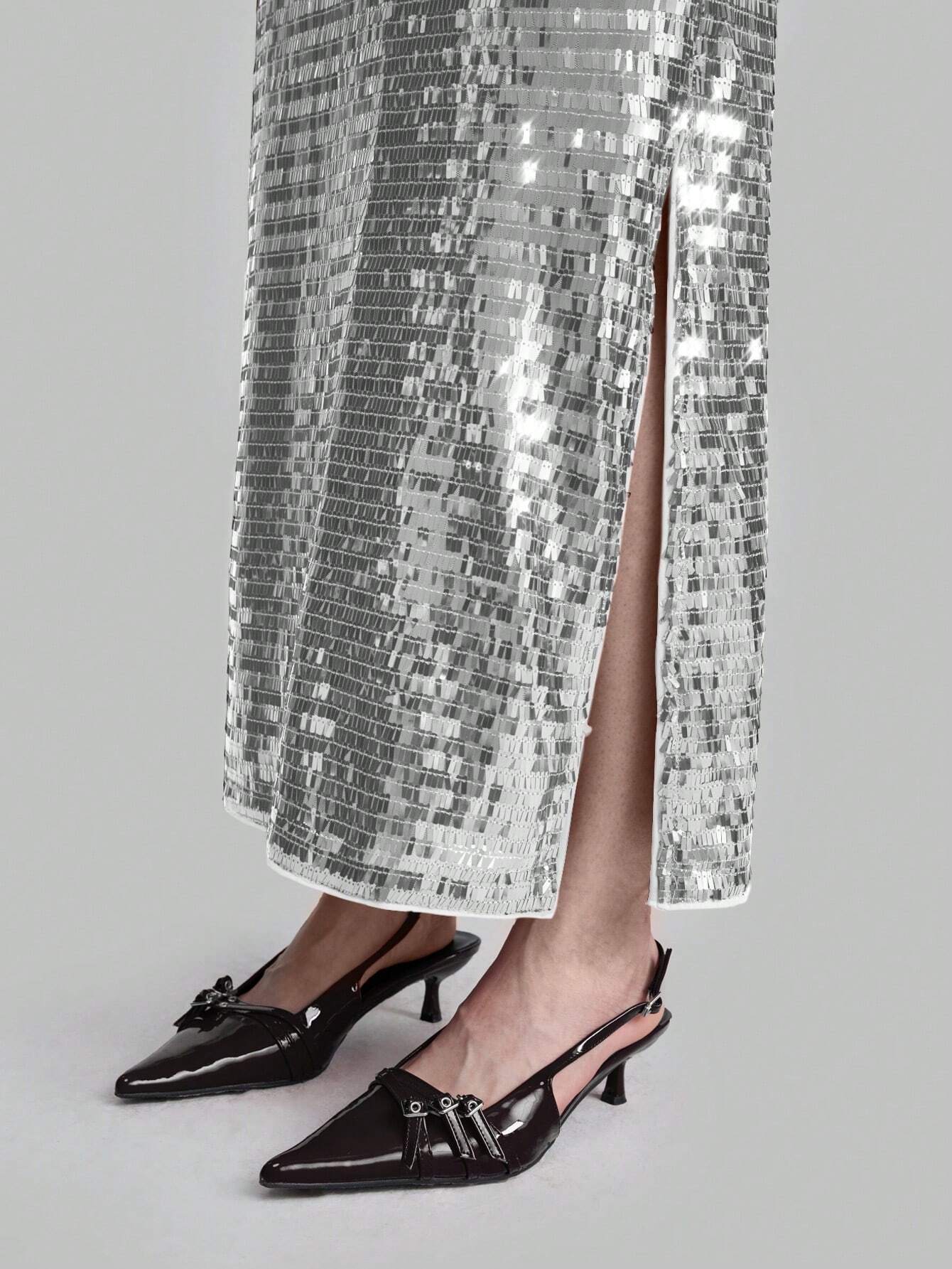 Shein ONTRE SILVER SEQUIN MAXI SKIRT