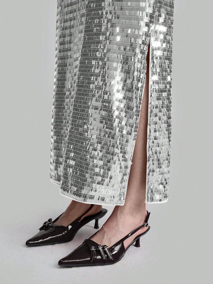 Shein ONTRE SILVER SEQUIN MAXI SKIRT