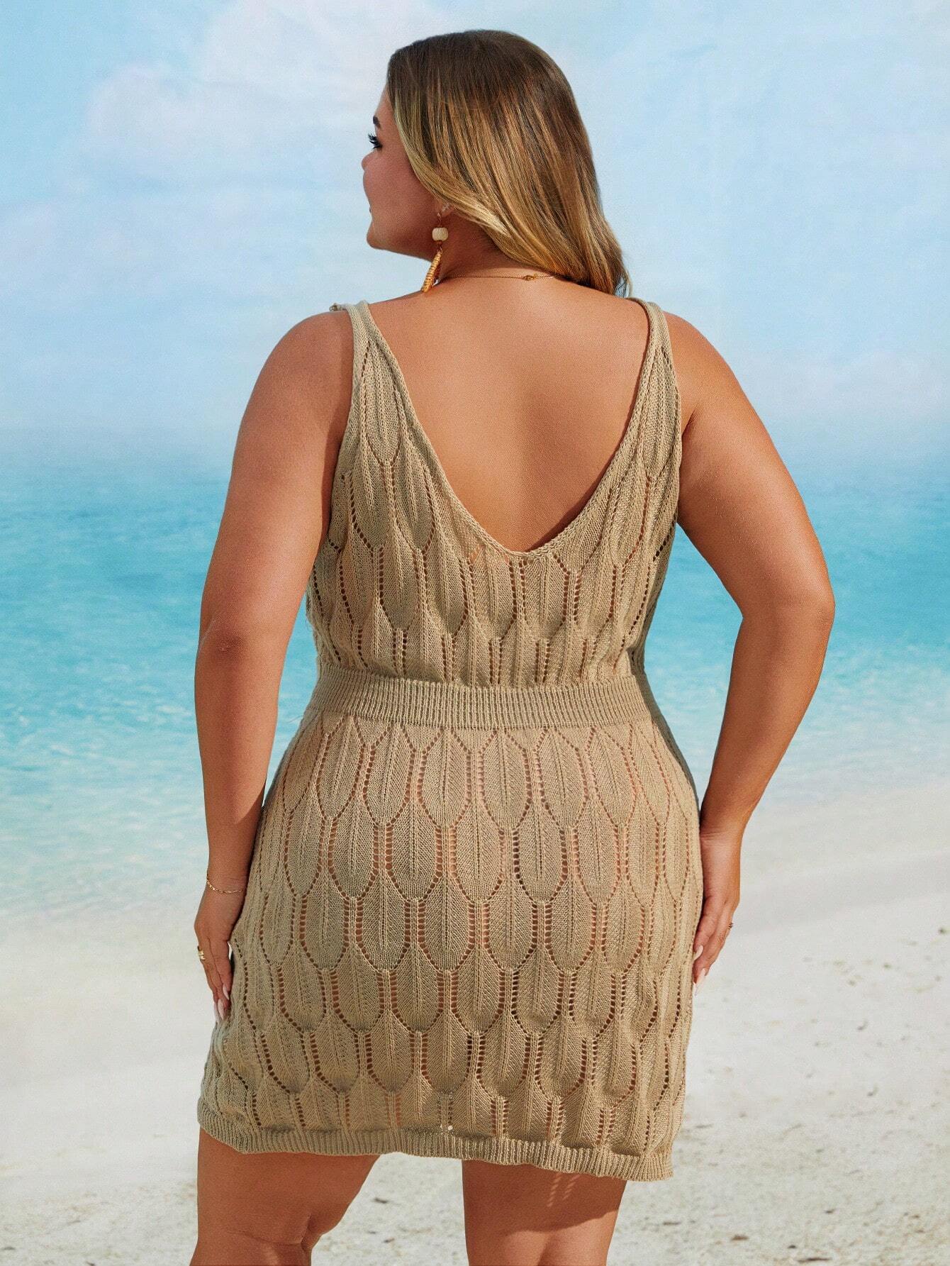 PLUS SIZE SLEEVELESS HOLLOW OUT KNITTED COVER UP