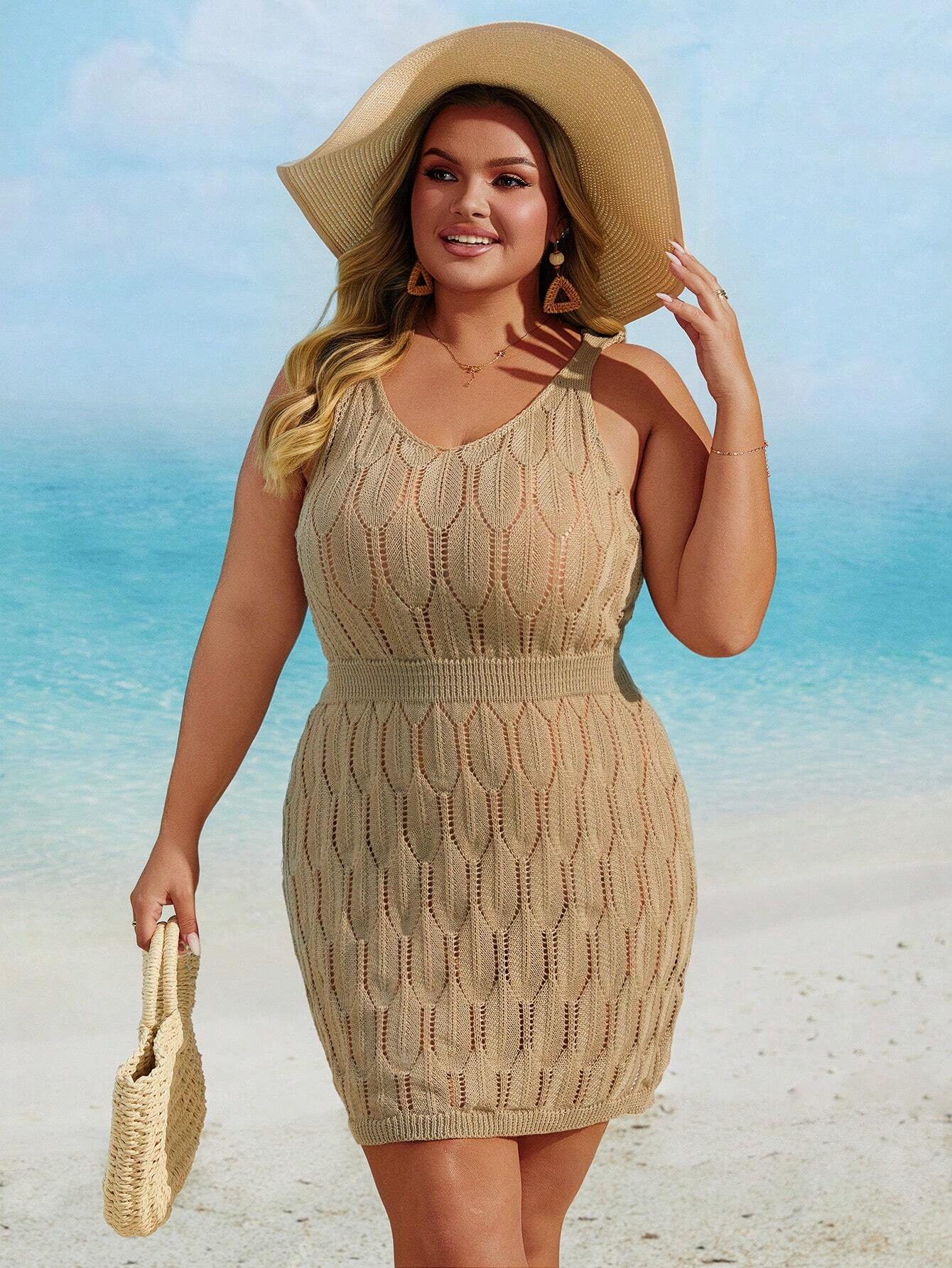 PLUS SIZE SLEEVELESS HOLLOW OUT KNITTED COVER UP