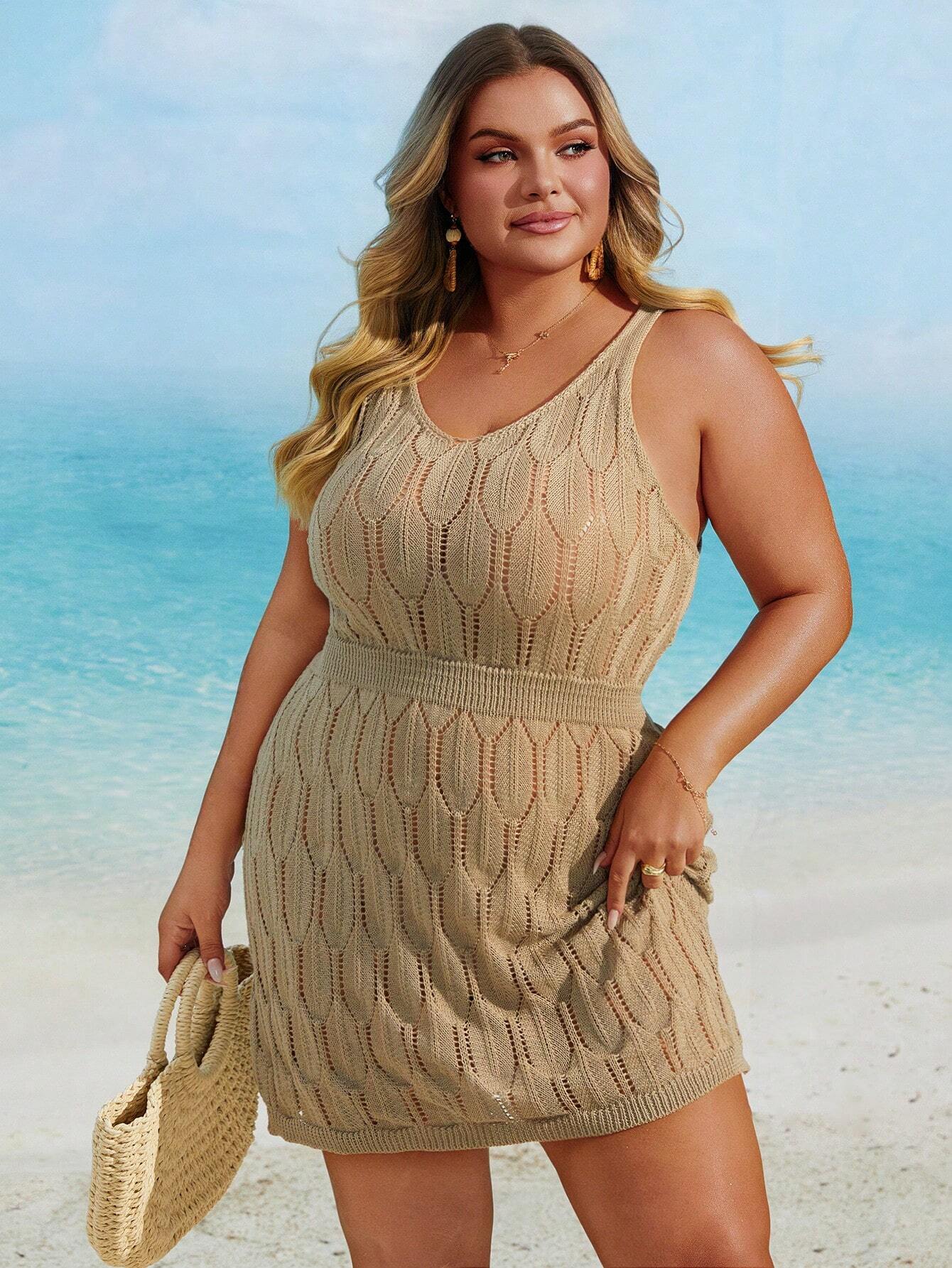 PLUS SIZE SLEEVELESS HOLLOW OUT KNITTED COVER UP