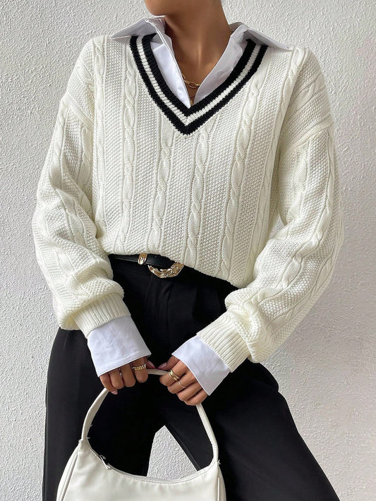 Ritzy Row V-Neck Loose Knit Sweater – XS
