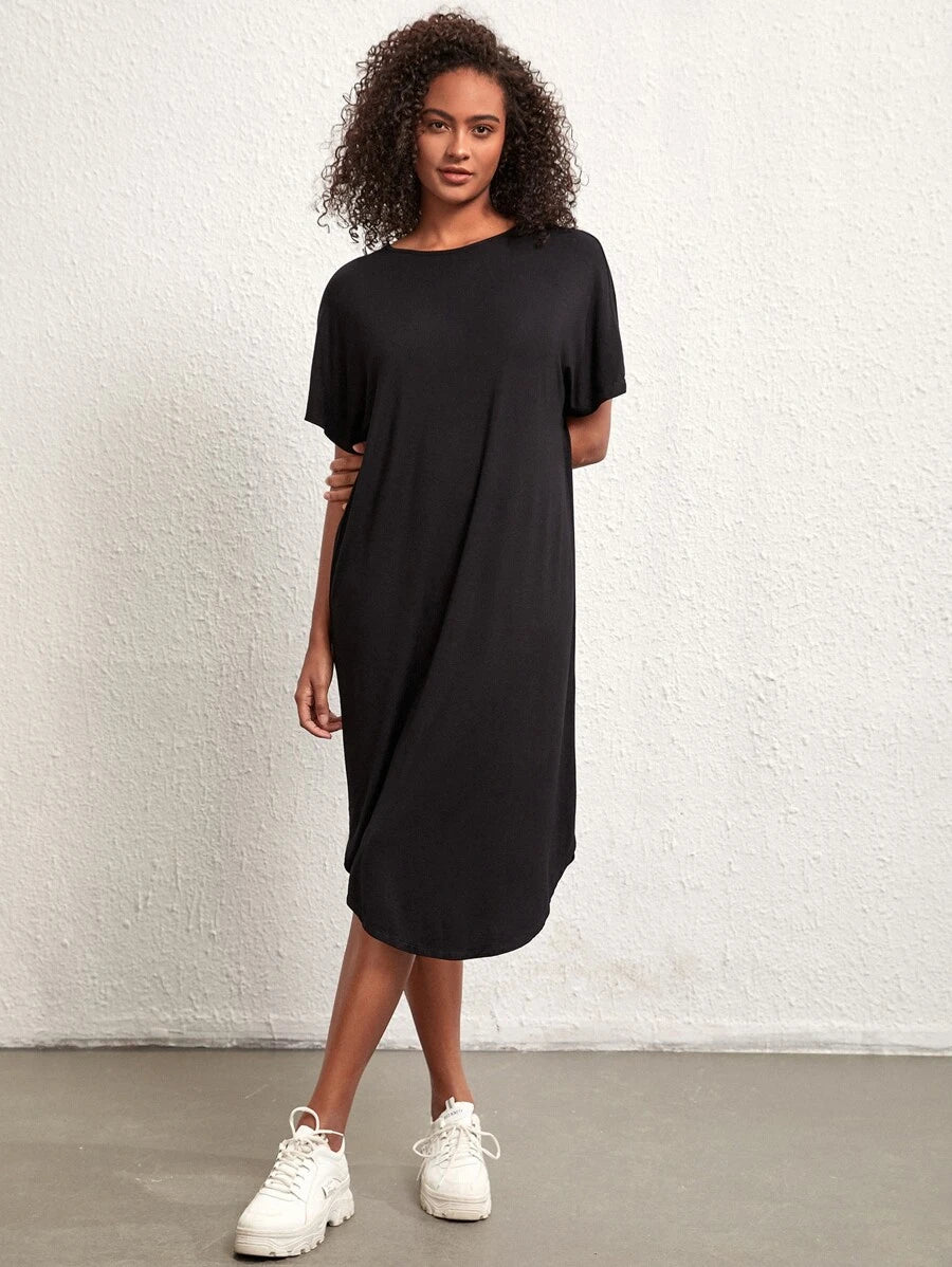 SHEIN BASICS Solid Batwing Sleeve Tee Dress