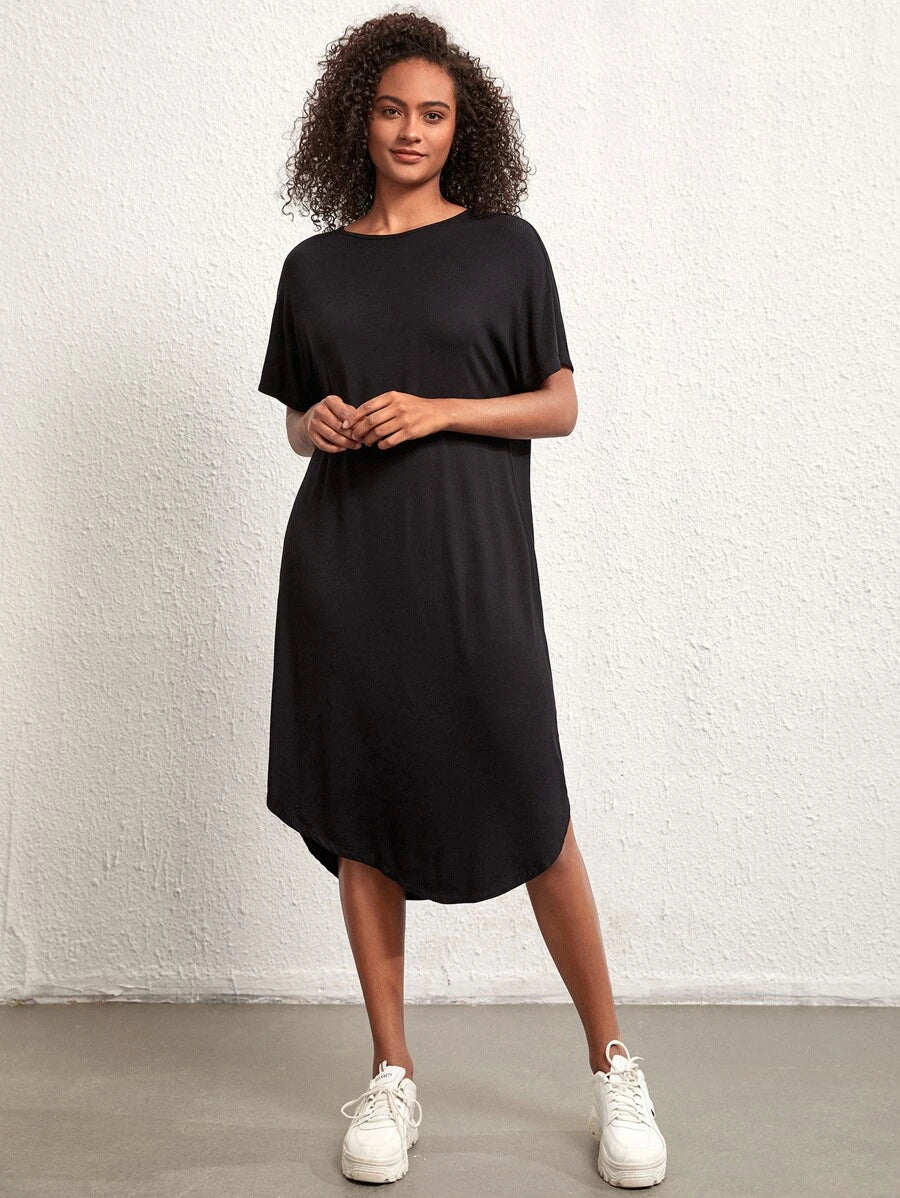 SHEIN BASICS Solid Batwing Sleeve Tee Dress