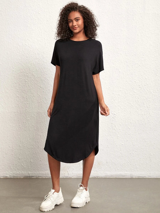 SHEIN BASICS Solid Batwing Sleeve Tee Dress