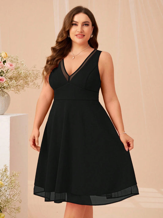 SHEIN Belle Plus V-Neck Mesh Insert Dress