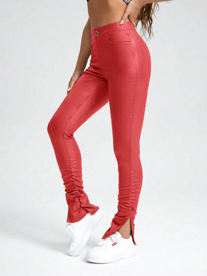 SHEIN ChicEase Ruched Split Slim-Fit Pants