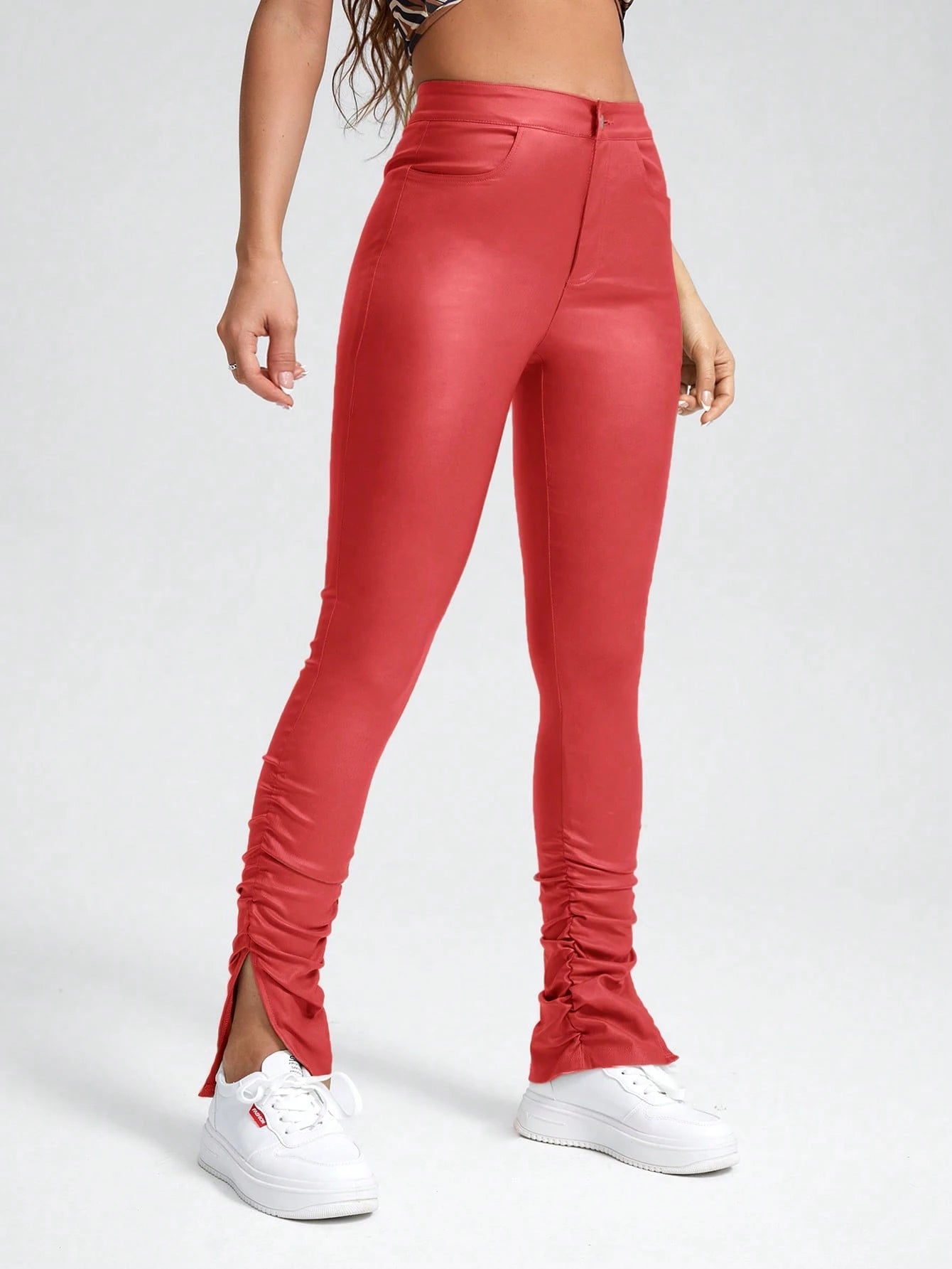 SHEIN ChicEase Ruched Split Slim-Fit Pants