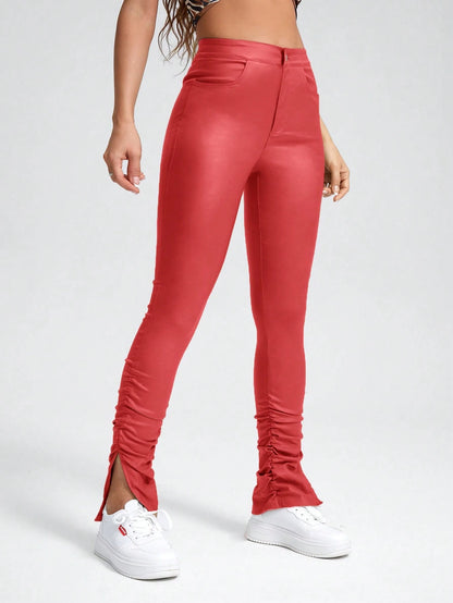 SHEIN ChicEase Ruched Split Slim-Fit Pants