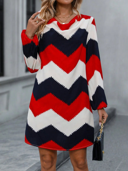 SHEIN Clasi Chevron Print Lantern Sleeve Tunic Dress
