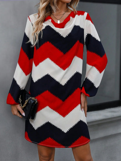 SHEIN Clasi Chevron Print Lantern Sleeve Tunic Dress