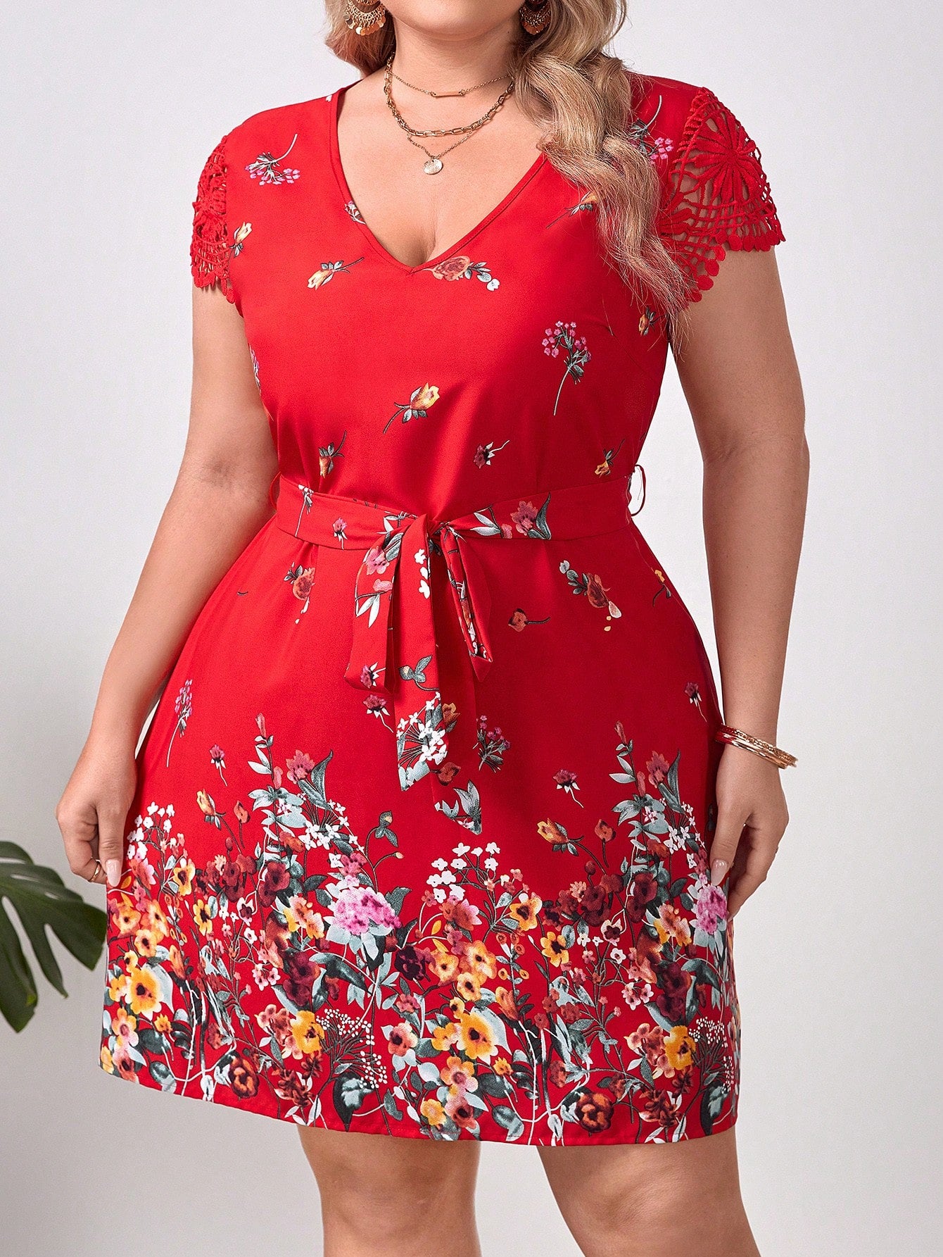 SHEIN CLASI PLUS FLORAL LACE BELTED DRESS