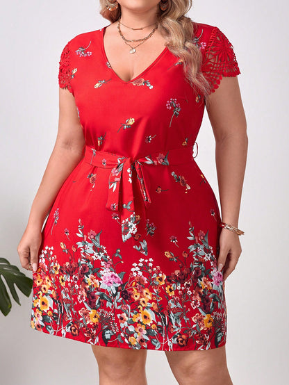 SHEIN CLASI PLUS FLORAL LACE BELTED DRESS