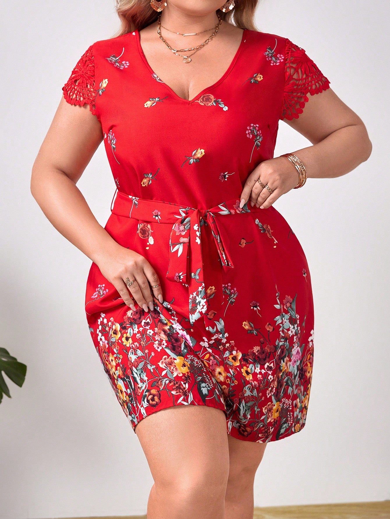 SHEIN CLASI PLUS FLORAL LACE BELTED DRESS