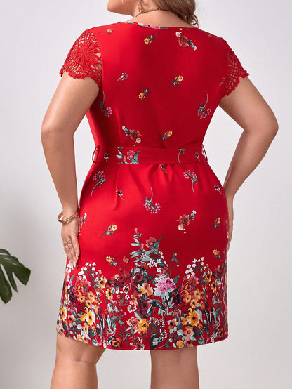 SHEIN CLASI PLUS FLORAL LACE BELTED DRESS