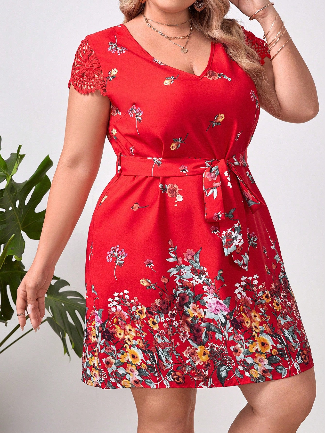 SHEIN CLASI PLUS FLORAL LACE BELTED DRESS